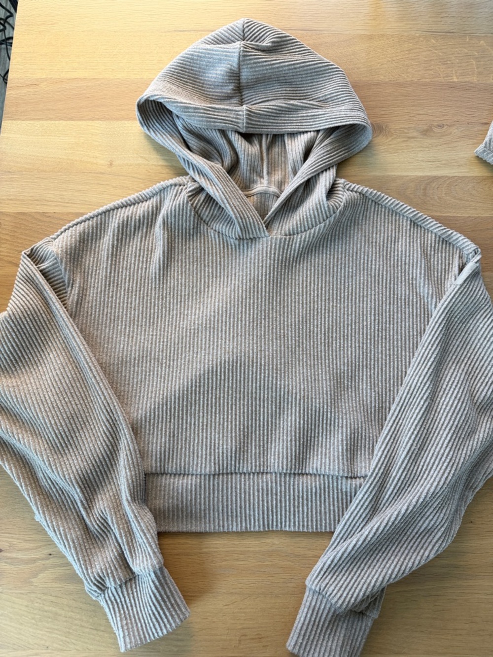 Ali Cropped Ribbed Hoodie in Light Taupe